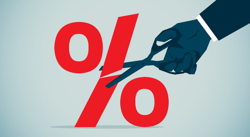 an illustrated hand uses scissors to cut an illustrated percent sign.