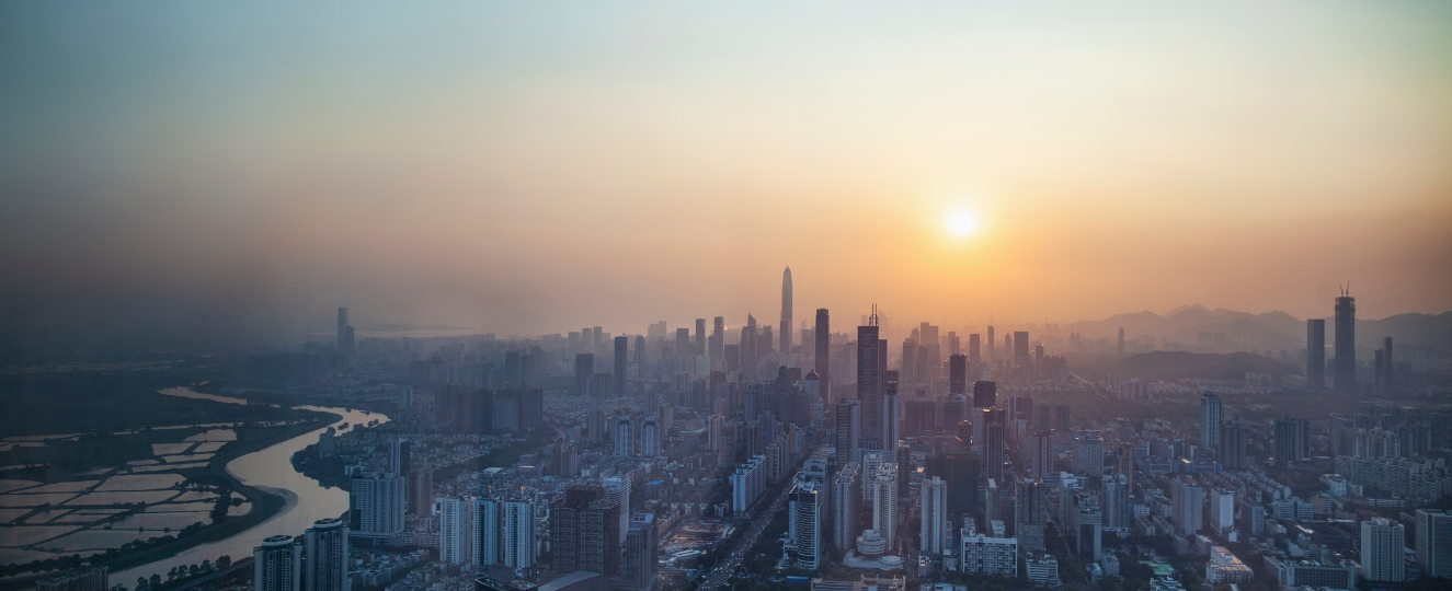 View of a city with a hazy sky