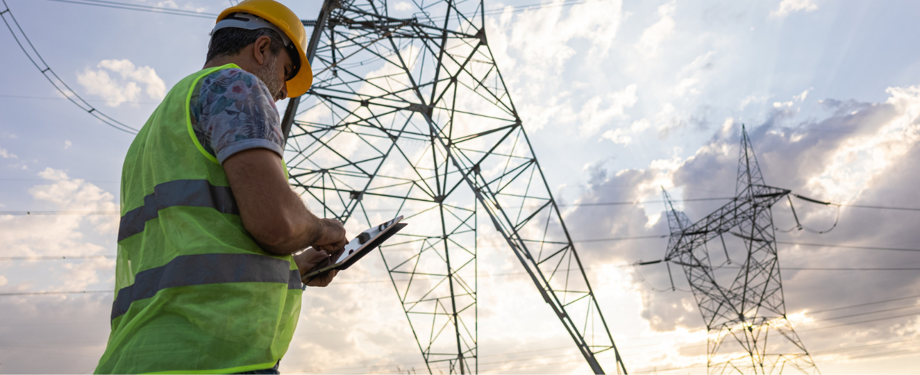 Engineers in front of power plant using digital tablet