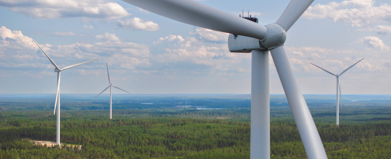 A forest landscape with wind turbines on a summer day